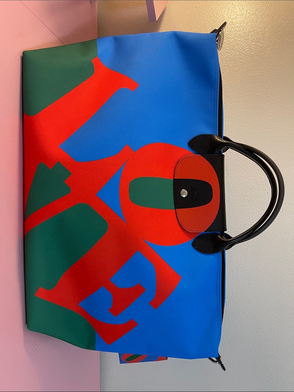 Longchamp x Robert Indiana Le Pliage handbag in a blue, red, and green colorway - Picture 8 of 9